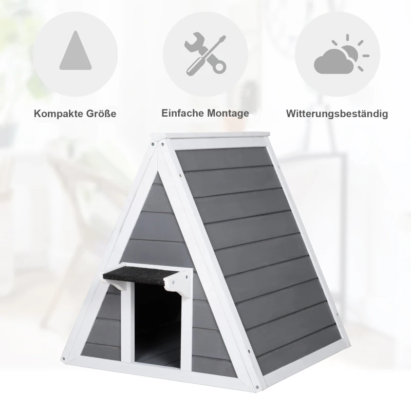 PawHut® Katzenhaus Dreieck Holzhaus für Katzen Katzenhöhle 2 Türe Massivholz Grau