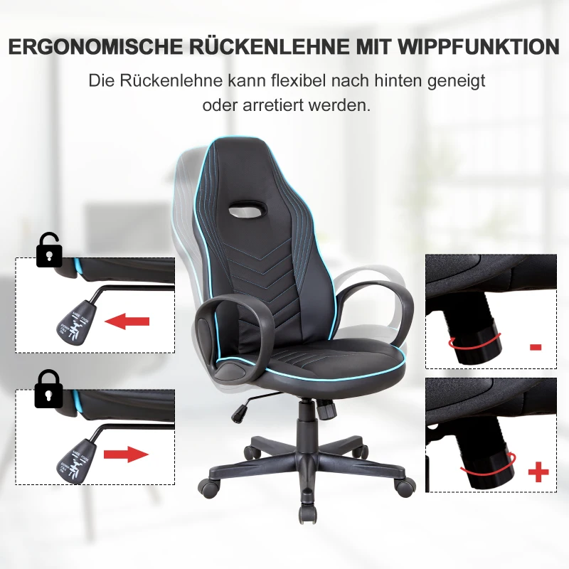 Vinsetto Bürostuhl Gaming Stuhl Drehstuhl Wippfunktion Höhenverstellbar Kunstleder Schwarz+Blau 62 x 69 x 112–121 cm