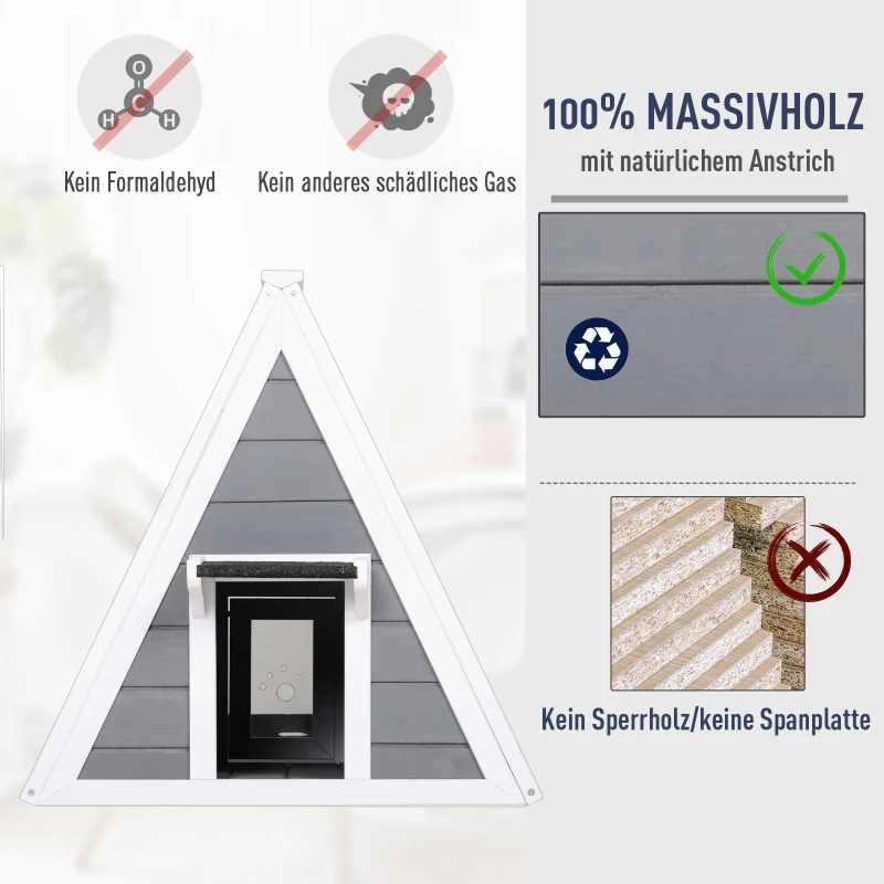 PawHut® Katzenhaus Dreieck Holzhaus für Katzen Katzenhöhle 2 Türe Massivholz Grau