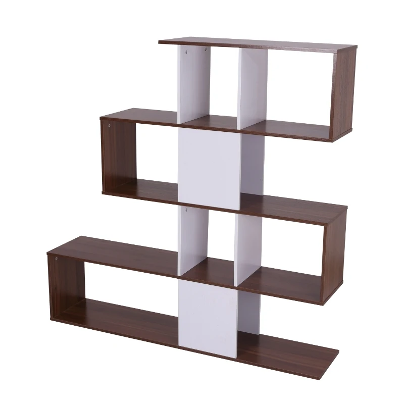 HOMCOM® Bücherregal Holz Wandregal Raumteiler S-Form 4 Fächer Weiß+Braun