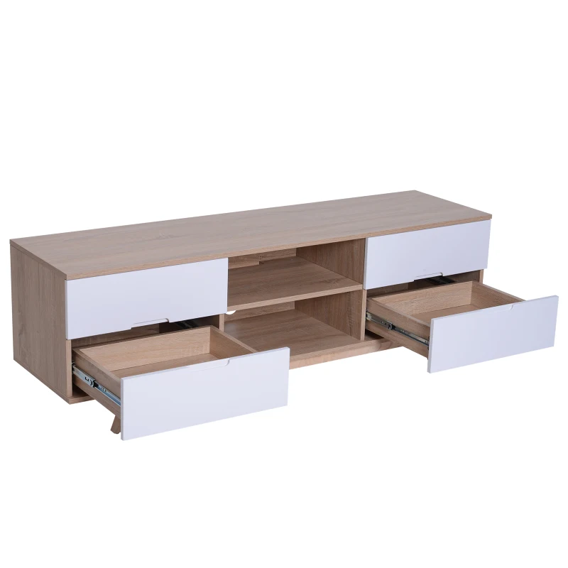 HOMCOM® Fernsehtisch mit 4 Schubladen und 2 Ablagen | TV-Board | 150 x 40 x 50 cm | Weiß, Eiche