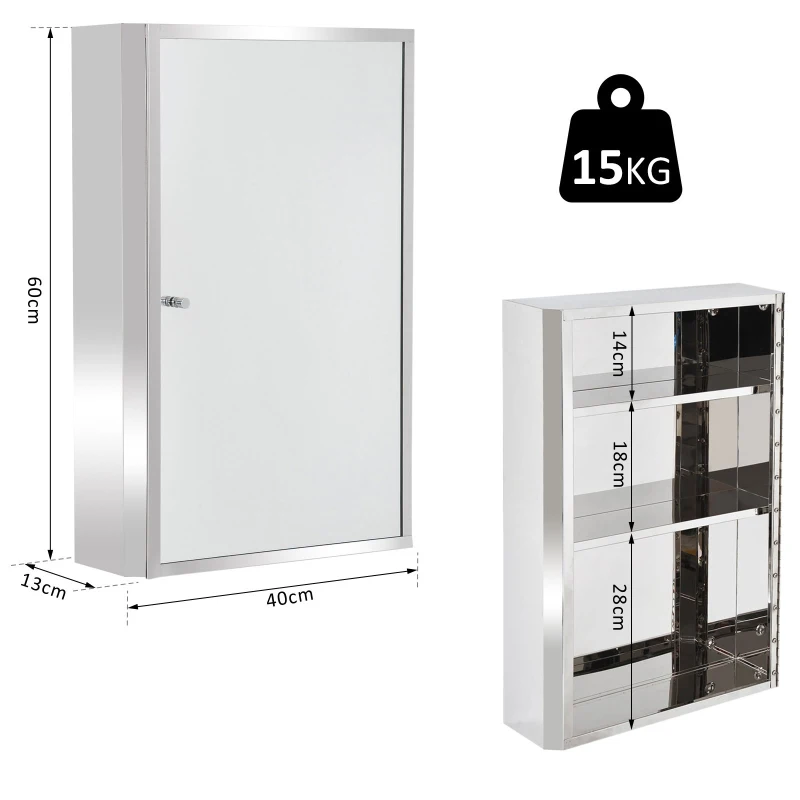 HOMCOM® Badschrank Hängeschrank Wandschrank Badmöbel Spiegelschrank Edelstahl Silber