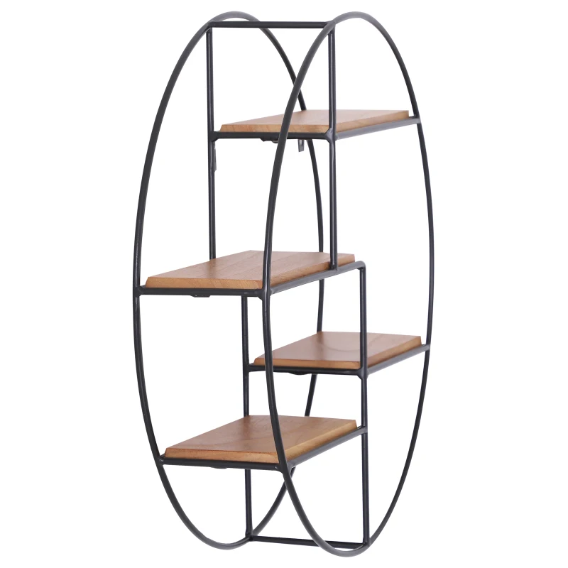 HOMCOM® Wandregal Bücherregal Metallregal Hängeregal Dekoregal rund 4 Etage Metall + Holz Schwarz + Natur ∅45 x 11cm