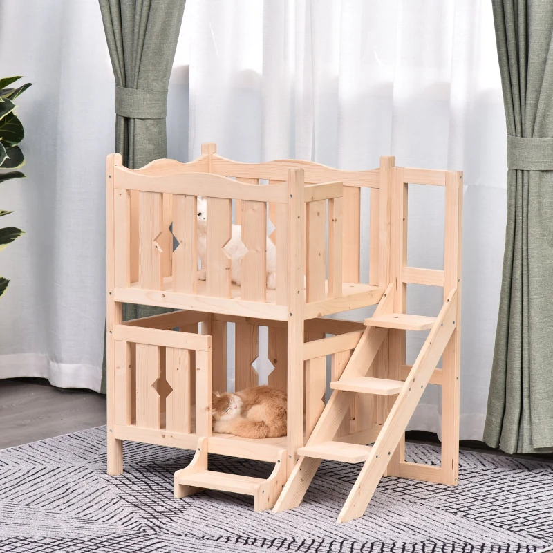 PawHut® Katzenbett 2 Ebenen Haustierbett Welpenbett Katzenhaus mit Treppe Tannenholz