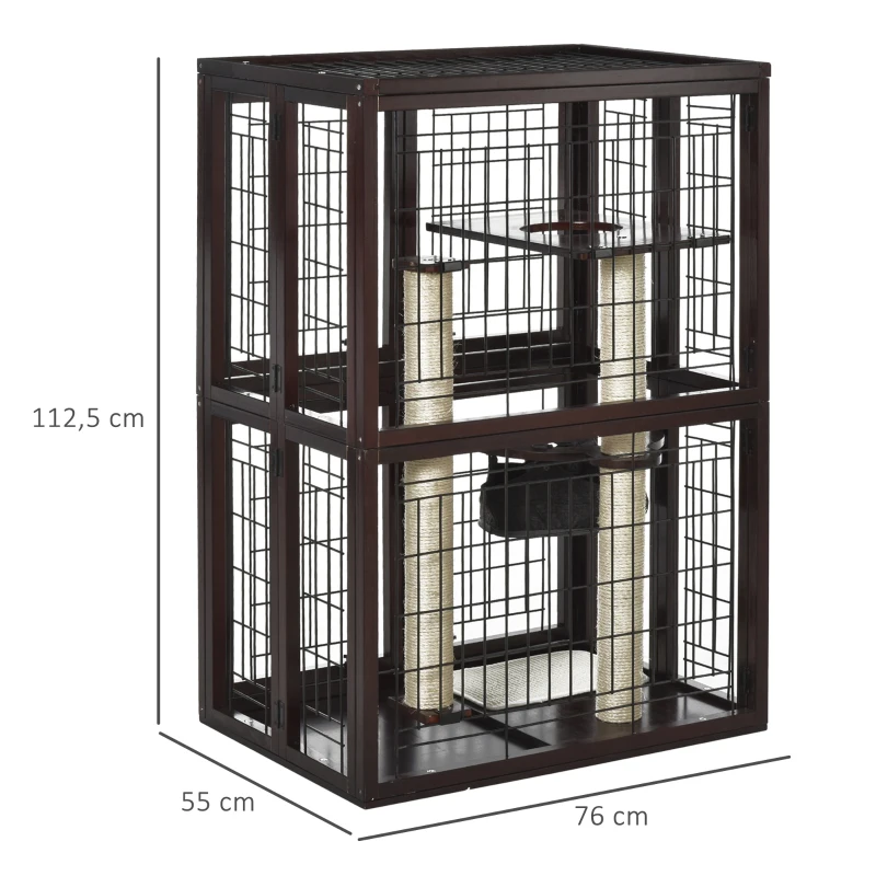 PawHut® Katzenhaus Katzen Käfig Hängematte Sisal-Säulen & Matte Massivholz Metalldraht