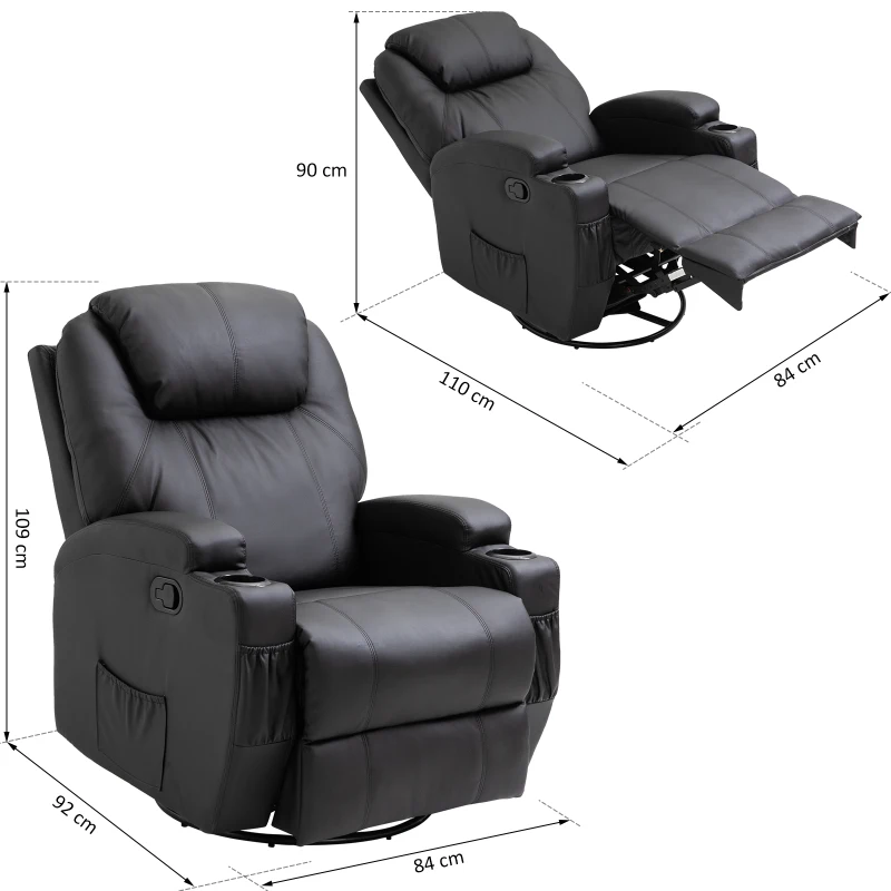 HOMCOM Elektrisch Relaxsessel, Massagesessel, Fernsehsessel, Massagefunktion, Heizfunktion, Liegefunktion, PU-Leder+Holz+Metall+Schaumstoff, Schwarz, 82 x 97 x 110 cm