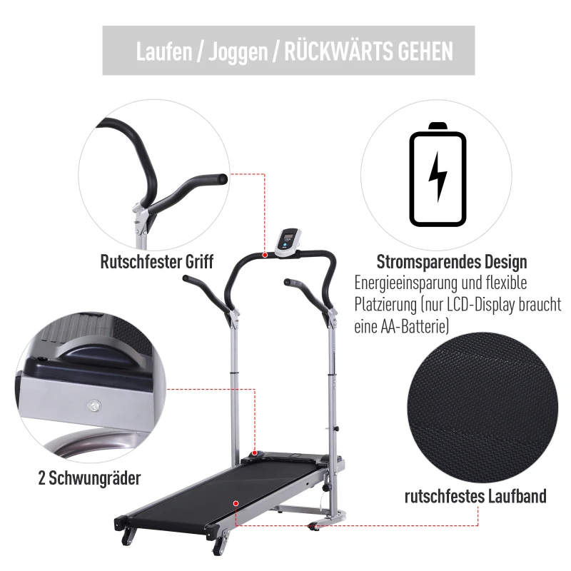 HOMCOM® Laufband nicht elektrische Laufmaschine LCD-Display 3 Neigungen Klappbar Stahl 123 x 58,5 x 115-140 cm