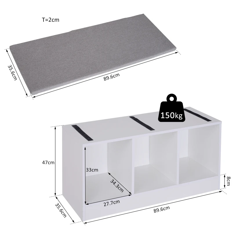 HOMCOM® Schuhbank mit Sitzkissen Schuhschrank Schuhregal Lowboard Garderobe Flur Diele Holz Weiß 89,6 x 35,6 x 47 cm