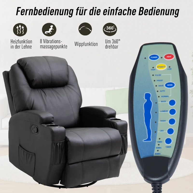 HOMCOM Elektrisch Relaxsessel, Massagesessel, Fernsehsessel, Massagefunktion, Heizfunktion, Liegefunktion, PU-Leder+Holz+Metall+Schaumstoff, Schwarz, 82 x 97 x 110 cm
