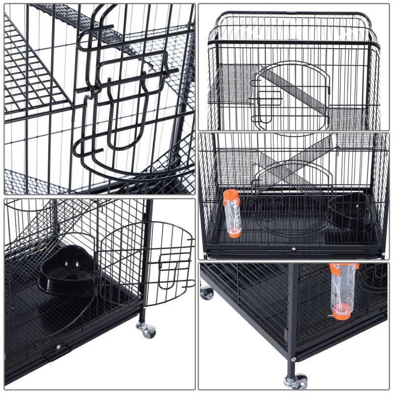 PawHut® Nagerkäfig, Kleintierkäfig, 4-Stöckiger Hamsterkäfig, Schubfach, Rollbar, Metall, 64 x 44 x 93 cm