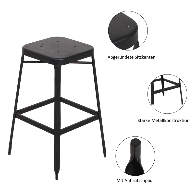 HOMCOM® 2er-Set Barhocker Bistrostuhl Küchenhocker Metallhocker mit Antirutschpads stapelbar Schwarz 44,5x44,5x75cm