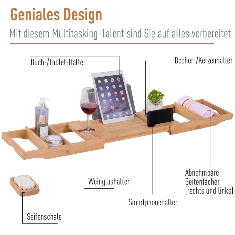 kleankin® Badewanne Badewannenregal Badewannenablage größenverstellbar Bambus Natur (73,5–108) x 17 x 5 cm