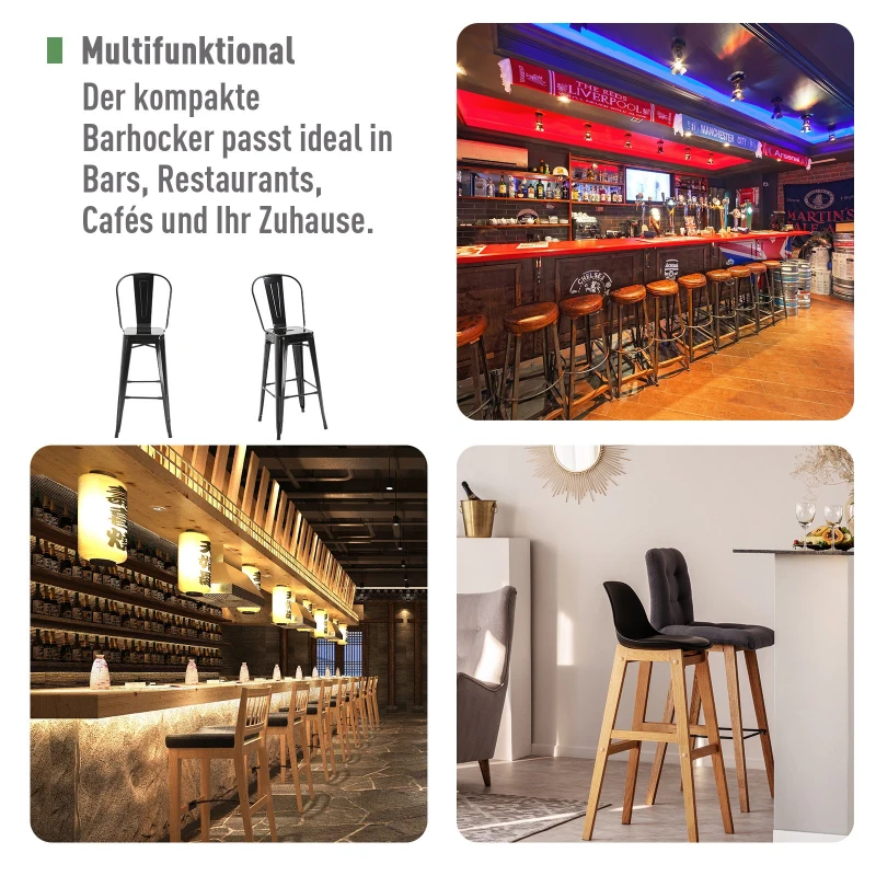 HOMCOM Barhocker mit Fußstütze | Stapelbar | Metall | 44 x 53 x 116 cm | Schwarz