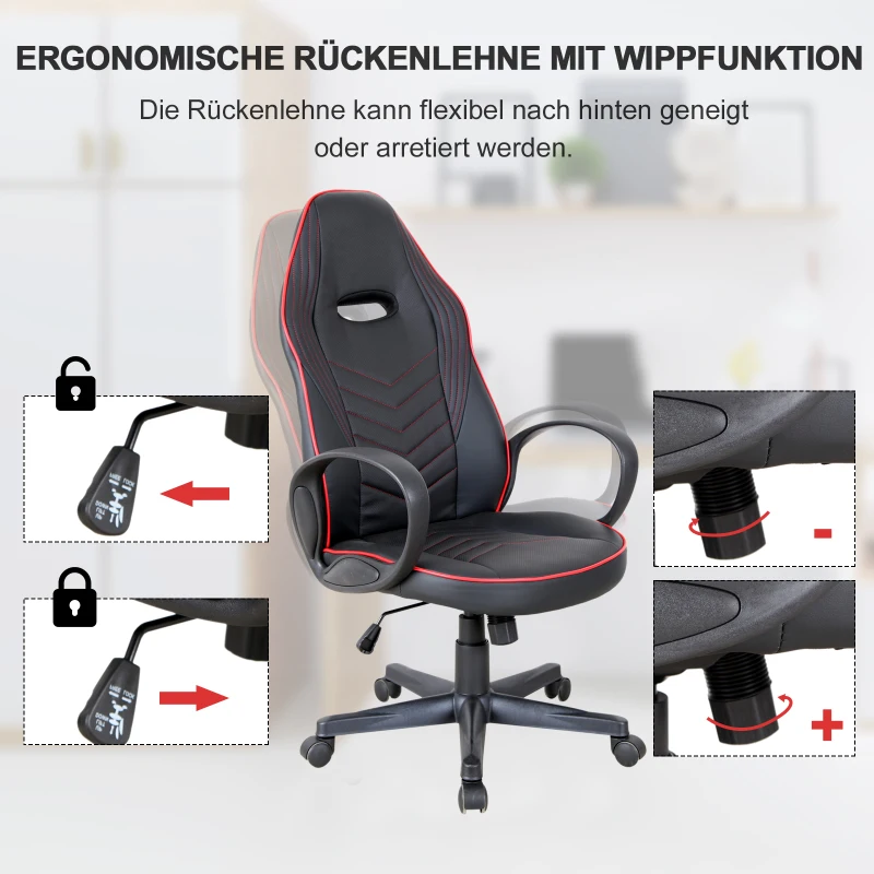 Vinsetto Bürostuhl Gaming Stuhl Drehstuhl Wippfunktion Höhenverstellbar Kunstleder Schwarz+Rot 62 x 69 x 112–121 cm
