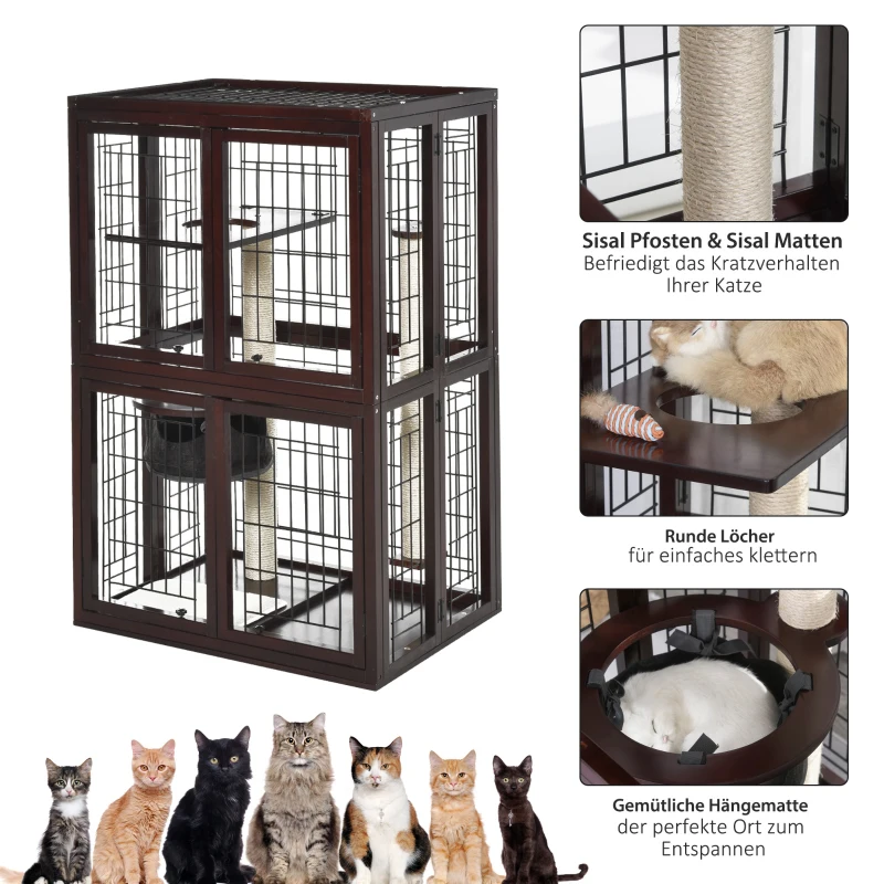 PawHut® Katzenhaus Katzen Käfig Hängematte Sisal-Säulen & Matte Massivholz Metalldraht