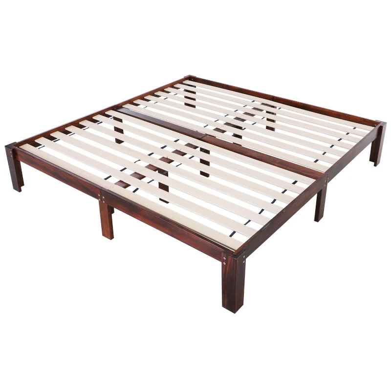 HOMCOM® Bettgestell Doppelbettrahmen Holzbett 15 Latten Erhöhte Beine Kiefernholz Braun 198 x 209 x 36 cm