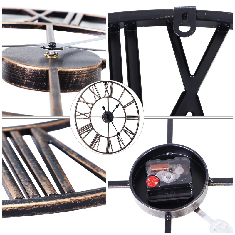 HOMCOM® Wanduhr mit Römischer Ziffern Lautlos Quarzuhr Ohne Ticken Metall Bronze ∅58,5 x 3,5 cm