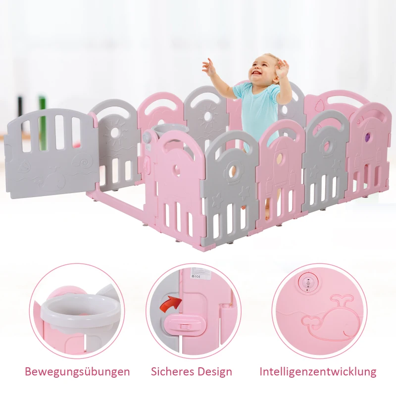 HOMCOM® Schutzgitter Laufgitter Absperrgitter 12 Elemente Korb 3 Zahnräder HDPE Rosa 162 x 122 x 63 cm