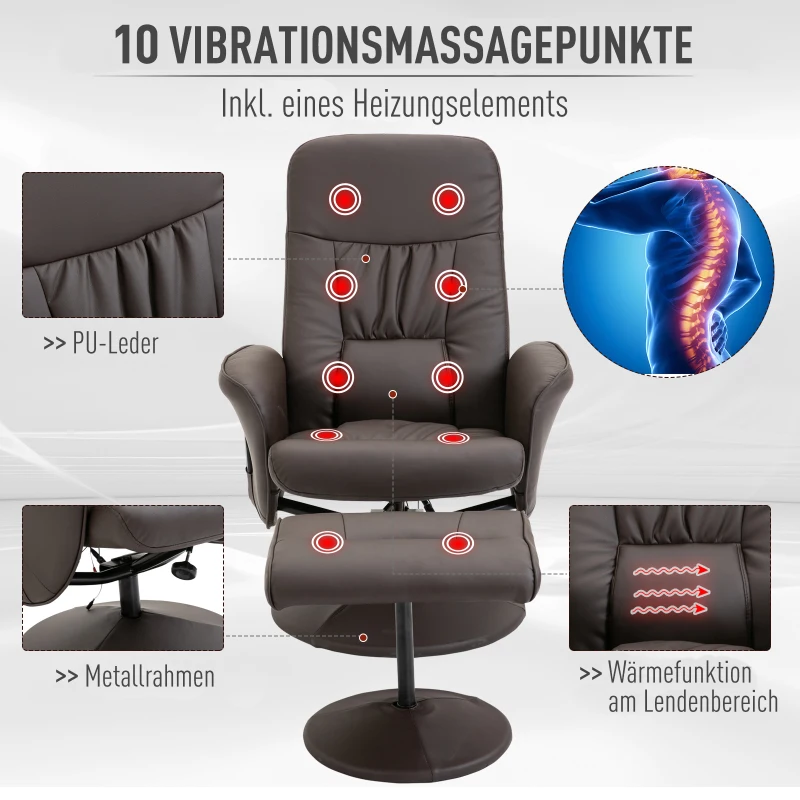 HOMCOM Massagesessel mit Fußhocker | Heizfunktion | 145° Neigung | 81 x 81 x 105 cm | Braun