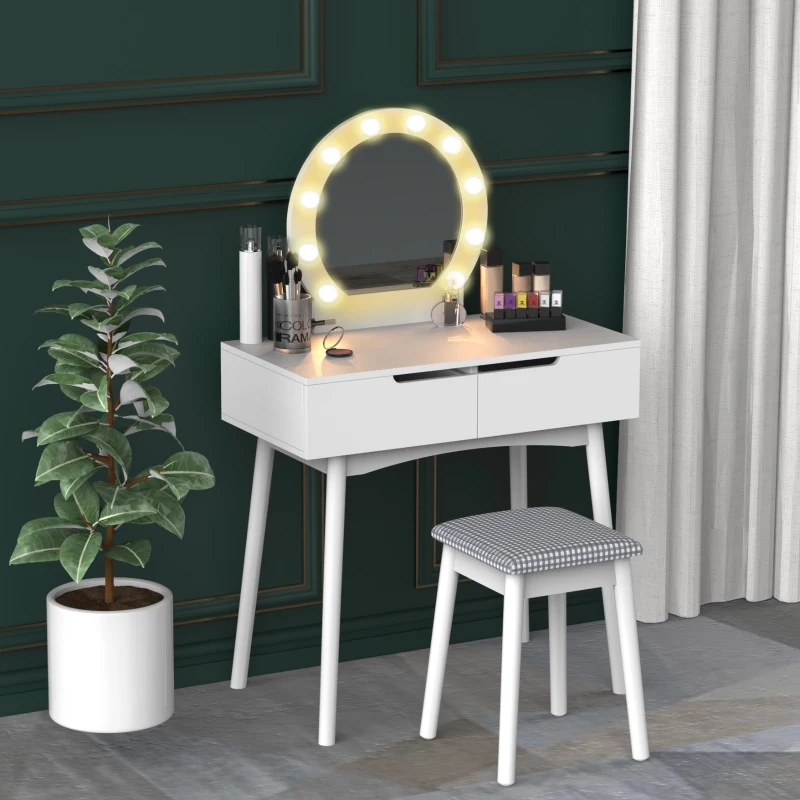 HOMCOM Schminktisch mit Hocker Kosmetiktisch mit LED Spiegel und 2 Schubladen Weiß, 80 x 40 x 125,5 cm