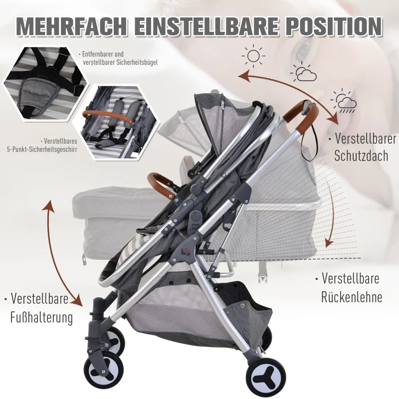 HOMCOM® Kinderwagen 2-in-1 Faltbar Alulegierung Grau