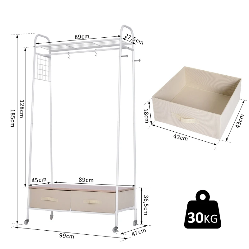 HOMCOM® Kleiderständer Rollgarderobe mit Schubladen Hacken aus Metall+Holz weiß L99 x B47 x H185 cm