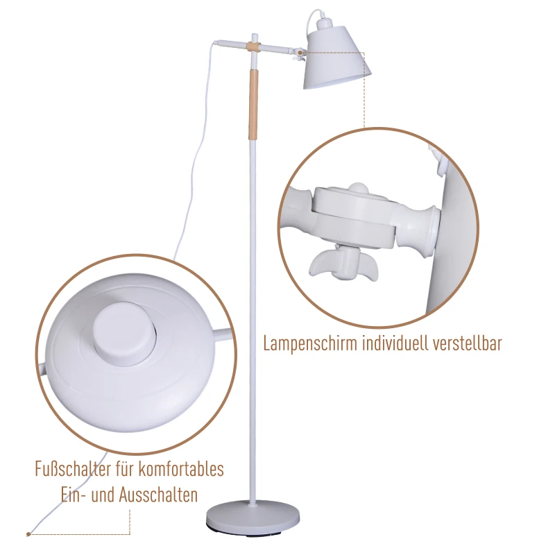 HOMCOM® Stehlampe verstellbar Standleuchte Stehleuchte 40W Metall + Holz weiß 54 x 30 x 155 cm