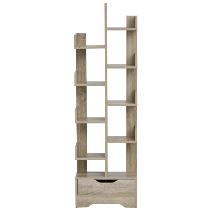 HOMCOM Bücherregal mit 10 Fächer und Schublade, Standregal, Eckbücherregal, E1 Spanplatte, 46 x 20 x 151 cm