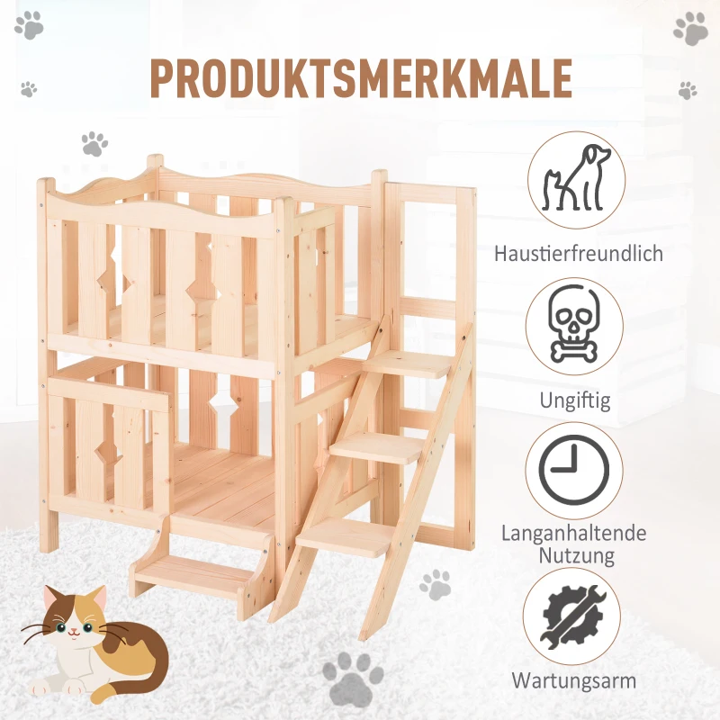 PawHut® Katzenbett 2 Ebenen Haustierbett Welpenbett Katzenhaus mit Treppe Tannenholz