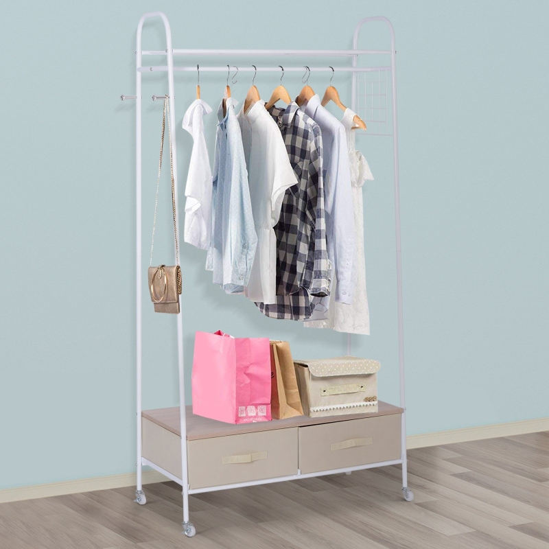 HOMCOM Kleiderständer Rollgarderobe mit Schubladen Metall+Holz weiß+natur L99 x B47 x H185 cm