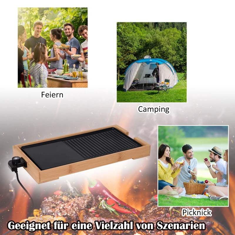 HOMCOM® Elektrogrill 2200W BBQ Tischgrill Partygrill 5 Temperaturen Metall Bambus