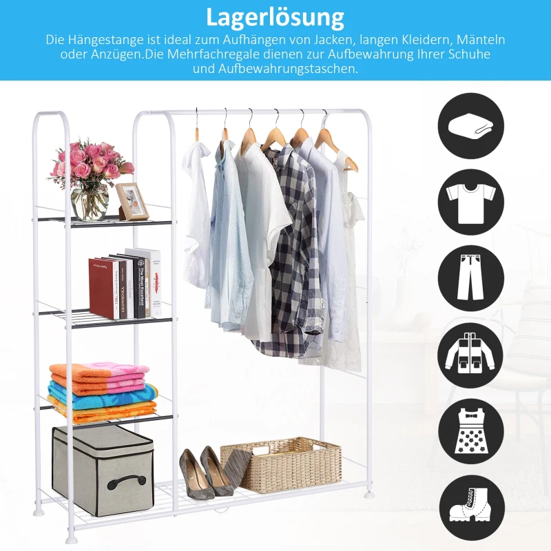 HOMCOM® Kleiderständer Garderobenständer Wäscheständer Kleiderstange Regal Metall Weiß 122 x 42,5 x 151 cm