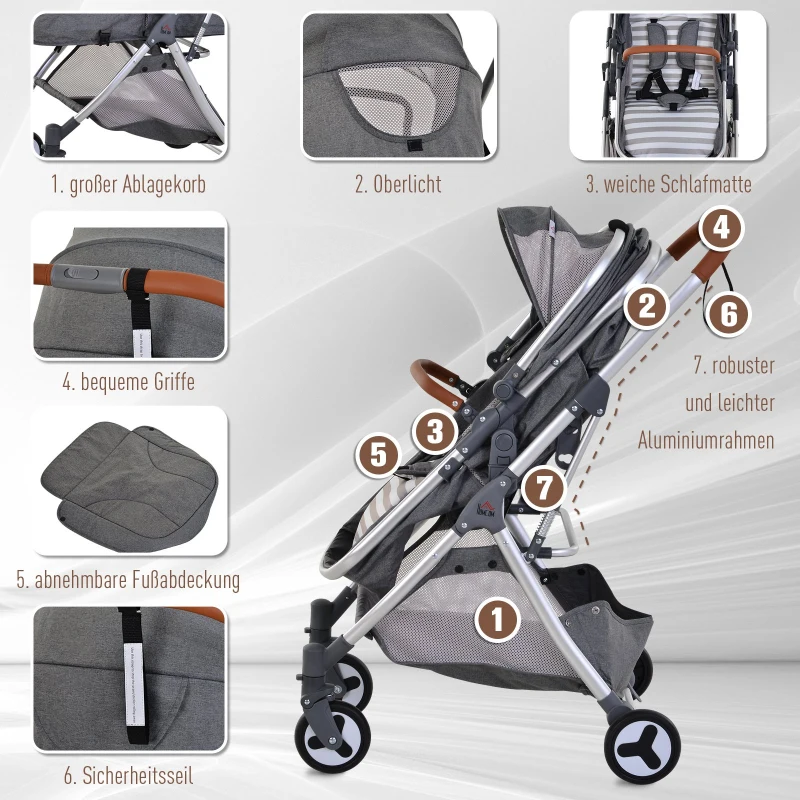 HOMCOM® Kinderwagen 2-in-1 Faltbar Alulegierung Grau