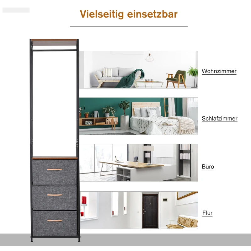 HOMCOM® Garderobenständer Korridor Garderobe 3 Schubladen Kleiderstange Stahl Grau