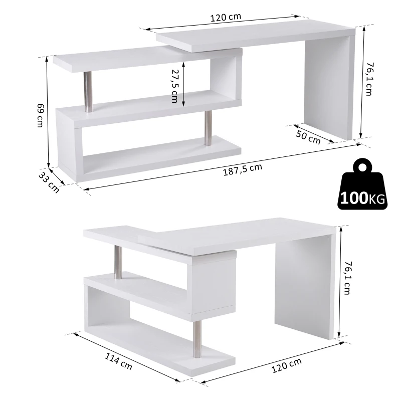 HOMCOM Eckschreibtisch Stahl, MDF 187,5 x 50 x 76,1 cm Weiß
