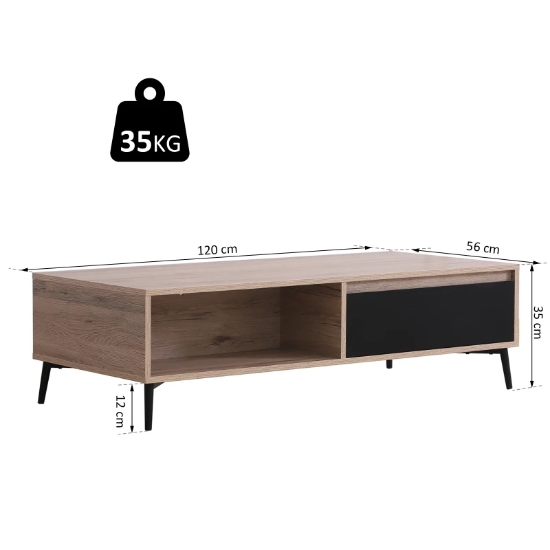 HOMCOM® Couchtisch mit 2 Schubladen und 2 Ablagen | Holz | 120 x 56 x 35 cm | Natur, Schwarz