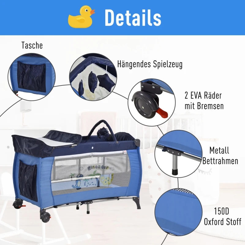 HOMCOM® Kinderreisebett klappbar Reisebettmatratze Klappbett Babybett mit Rollen Blau