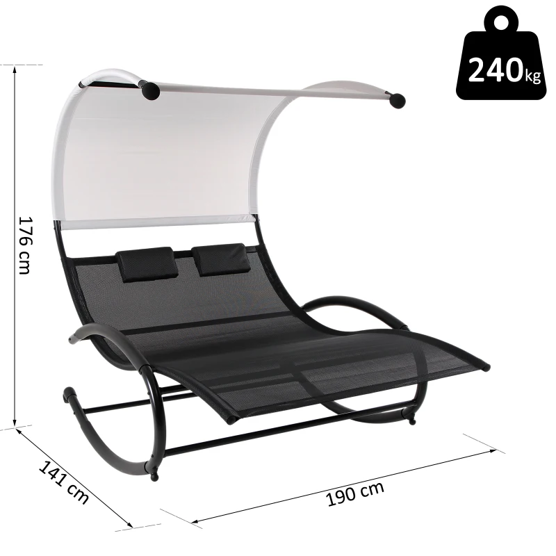 Outsunny® Doppel Schaukelstuhl Schaukelliege Gartenliege Sonnenliege mit Kopfkissen Sonnendach wetterfest Schwarz bis 240 kg 190 x 141 x 176 cm