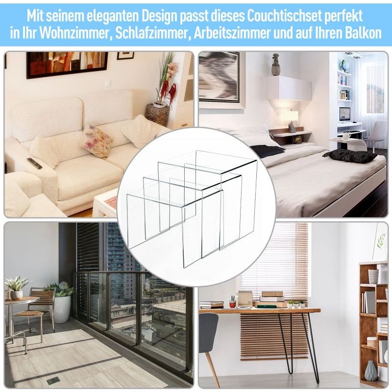 HOMCOM® Beistelltisch 3er-Set Couchtisch Satztisch Sofatisch Glastisch klar Acrylglas 32 x 30 x 24 cm/35 x 30 x 28 cm/38 x 30 x 32 cm