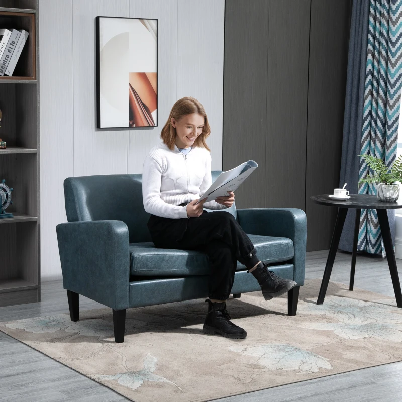 HOMCOM 2-Sitzer Sofa im Retro-Design 122 cm x 72 cm x 74 cm, Kunstleder, Blau