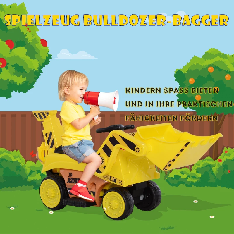HOMCOM Kinderfahrzeug Elektroauto Kinder Traktor Bulldozer Bagger Trettraktor MP3 3–6 Jahre PP Gelb 106,9 x 41,2 x 53 cm