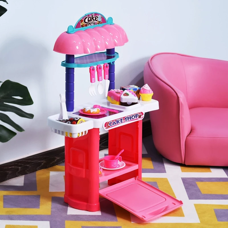 HOMCOM® Küchenspielzeug Kinder Kuchenset Spielküche 20 Zubehör Rosa PP 46 x 21,2 x 67 cm
