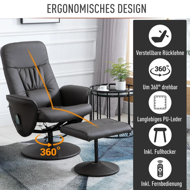 HOMCOM Massagesessel mit Fußhocker | Heizfunktion | 145° Neigung | 81 x 81 x 105 cm | Braun