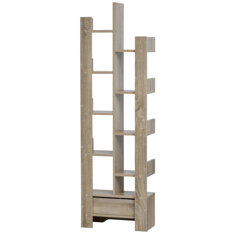 HOMCOM Bücherregal mit 10 Fächer und Schublade, Standregal, Eckbücherregal, E1 Spanplatte, 46 x 20 x 151 cm