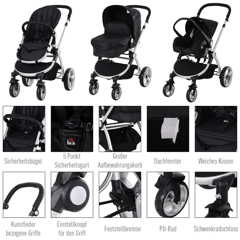 HOMCOM® Kinderwagen 3-in-1 Buggy Babyschale Babywanne Auto-Kindersitz Dunkelgrau