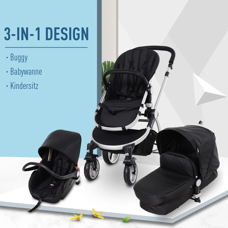 HOMCOM® Kinderwagen 3-in-1 Buggy Babyschale Babywanne Auto-Kindersitz Dunkelgrau