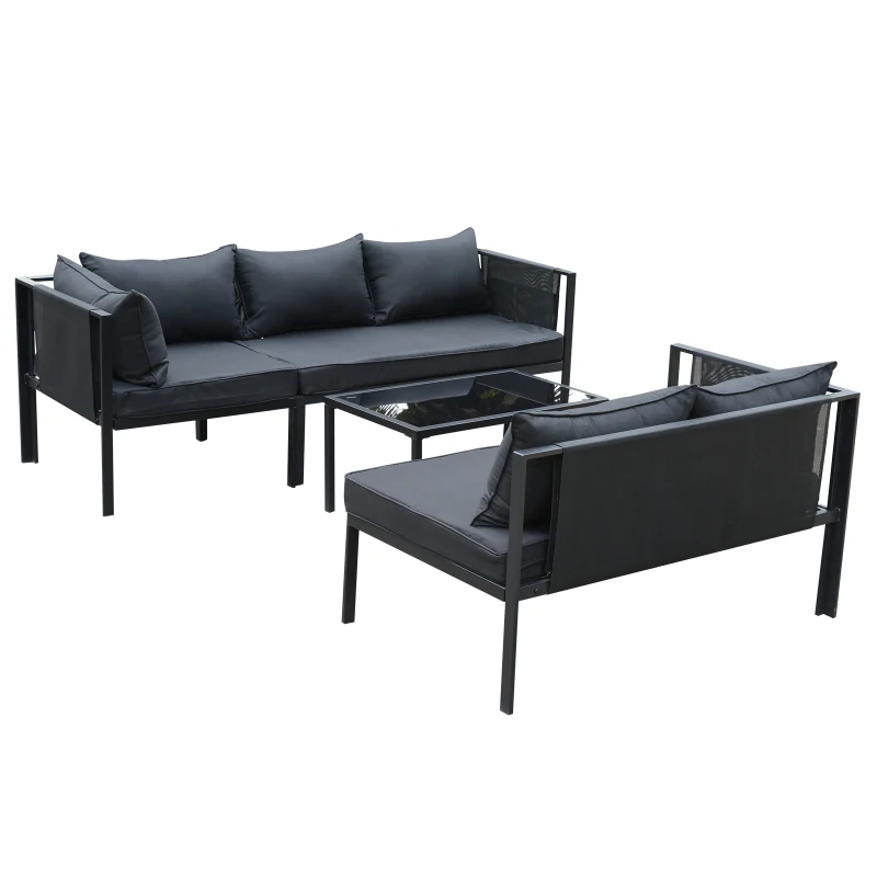Outsunny® 4-tlg. Gartengarnitur Gartensofaset Sitzgruppe Gartenmöbel Schwarz 2 x Doppelsofa 1 x Ecksofa 1 x Beistelltisch Kissen für 5–7 Personen