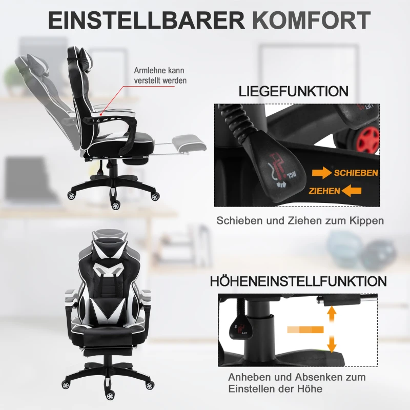 Vinsetto® Gamingstuhl Gamingsessel Fußstütze Liegefunktion Weiß Schwarz