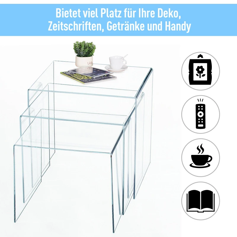 HOMCOM® Beistelltisch 3er-Set Couchtisch Satztisch Sofatisch Glastisch klar Acrylglas 32 x 30 x 24 cm/35 x 30 x 28 cm/38 x 30 x 32 cm