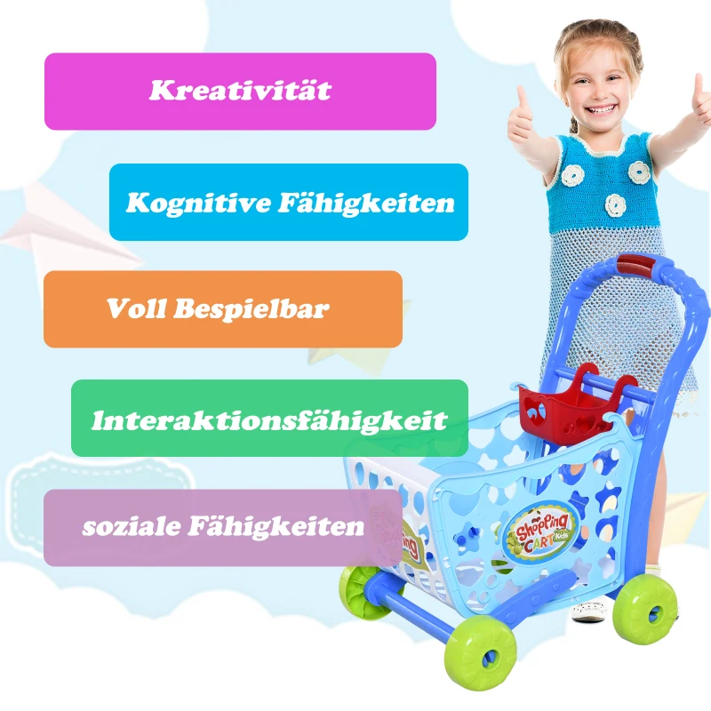 HOMCOM® Einkaufswagen für Kinder Kinderspielzeug Kaufladen Spielzeug Kunststoff Blau
